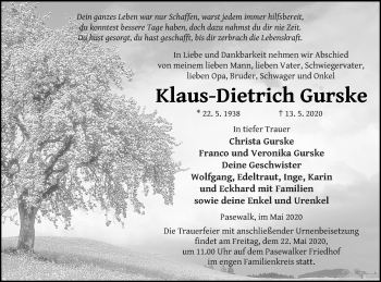Traueranzeige von Klaus-Dietrich Gurske von Pasewalker Zeitung