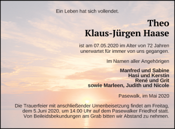 Traueranzeige von Klaus-Jürgen Haase von Pasewalker Zeitung