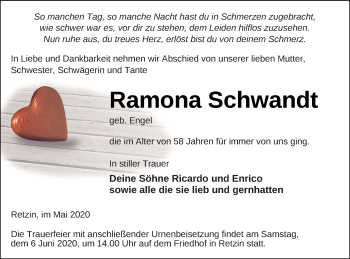 Traueranzeige von Ramona Schwandt von Pasewalker Zeitung