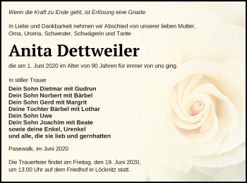 Traueranzeige von Anita Dettweiler von Pasewalker Zeitung
