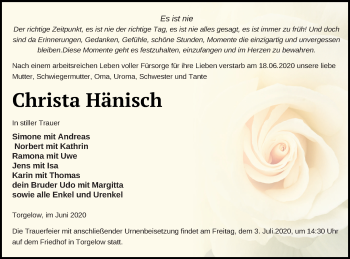 Traueranzeige von Christa Hänisch von Haff-Zeitung