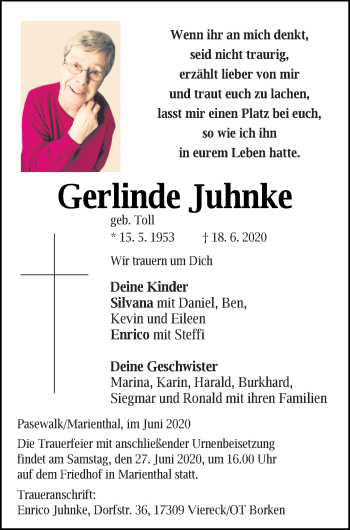 Traueranzeige von Gerlinde Juhnke von Pasewalker Zeitung