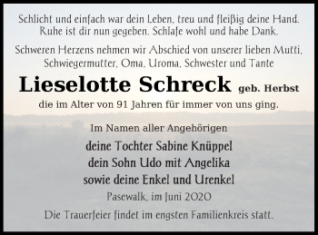 Traueranzeige von Lieselotte Schreck von Pasewalker Zeitung