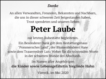Traueranzeige von Peter Laube von Pasewalker Zeitung