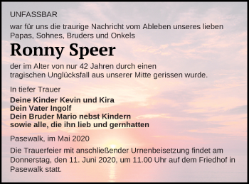 Traueranzeige von Ronny Speer von Pasewalker Zeitung