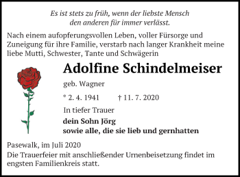Traueranzeige von Adolfine Schindelmeiser von Pasewalker Zeitung