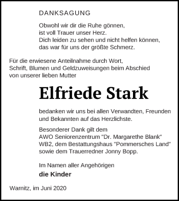 Traueranzeige von Elfriede Stark von Prenzlauer Zeitung
