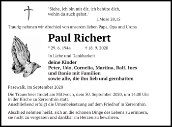 Traueranzeige von Paul Richert von Pasewalker Zeitung