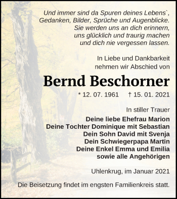 Traueranzeige von Bernd Beschorner von Pasewalker Zeitung