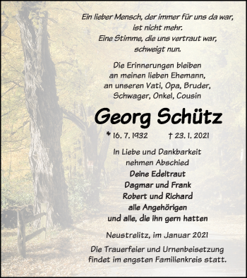 Traueranzeige von Georg Schütz von Strelitzer Zeitung