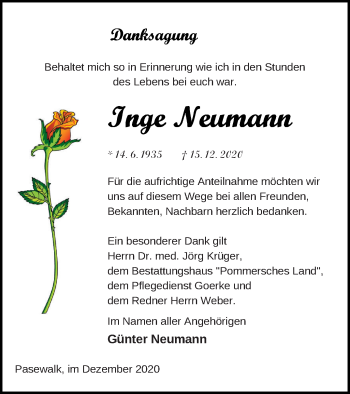 Traueranzeige von Inge Neumann von Pasewalker Zeitung