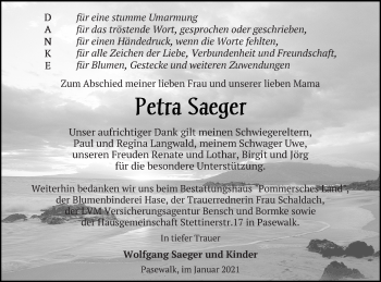 Traueranzeige von Petra Saeger von Pasewalker Zeitung