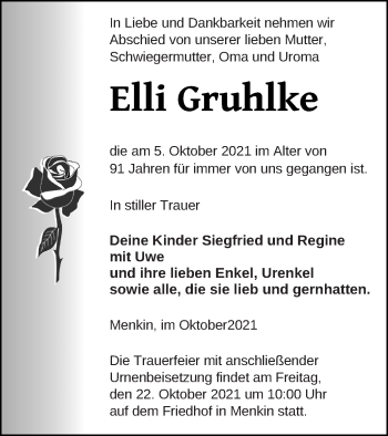 Traueranzeige von Elli Gruhlke von Pasewalker Zeitung