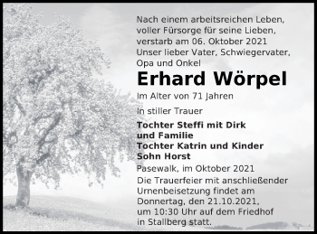 Traueranzeige von Erhard Wörpel von Pasewalker Zeitung