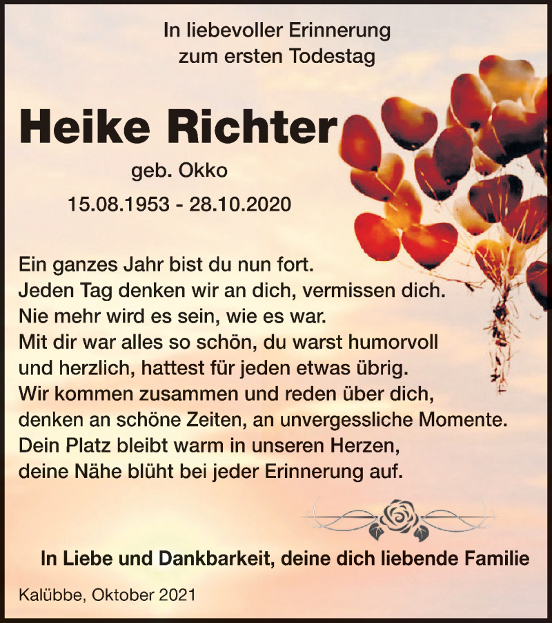  Traueranzeige für Heike Richter vom 28.10.2021 aus Neubrandenburger Zeitung
