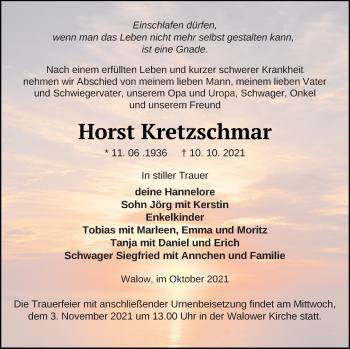 Traueranzeige von Horst Kretzschmar von Müritz-Zeitung