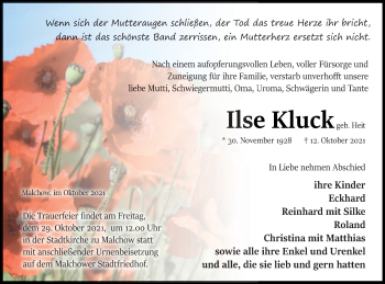 Traueranzeige von Ilse Kluck von Müritz-Zeitung
