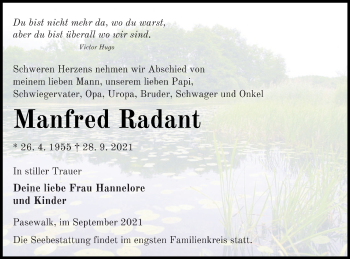 Traueranzeige von Manfred Radant von Pasewalker Zeitung