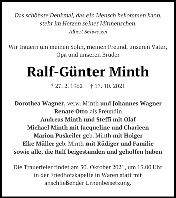 Traueranzeige von Ralf-Günter Minth von Müritz-Zeitung