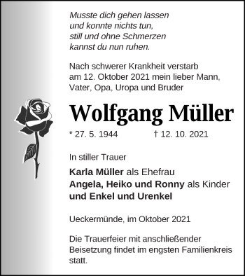 Traueranzeige von Wolfgang Müller von Haff-Zeitung