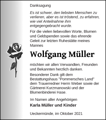 Traueranzeige von Wolfgang Müller von Haff-Zeitung