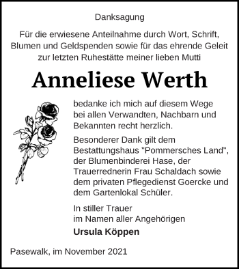 Traueranzeige von Anneliese Werth von Pasewalker Zeitung