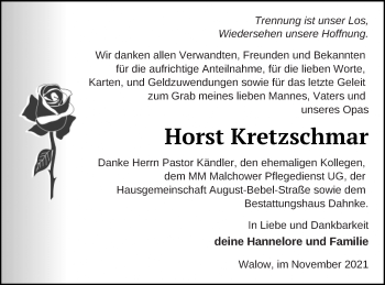 Traueranzeige von Horst Kretzschmar von Müritz-Zeitung