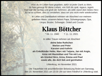 Traueranzeige von Klaus Böttcher von Pasewalker Zeitung