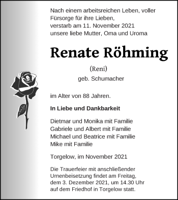 Traueranzeige von Renate Röhming von Haff-Zeitung