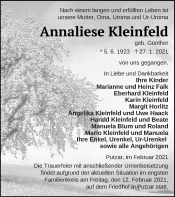 Traueranzeige von Annaliese Kleinfeld von Vorpommern Kurier