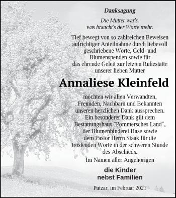 Traueranzeige von Annaliese Kleinfeld von Vorpommern Kurier