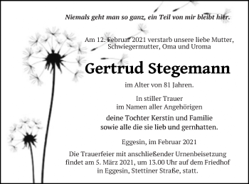 Traueranzeige von Gertrud Stegemann von Haff-Zeitung