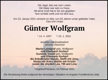 Traueranzeige von Günter Wolfgram von Pasewalker Zeitung