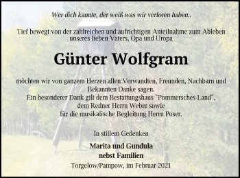Traueranzeige von Günter Wolfgram von Pasewalker Zeitung