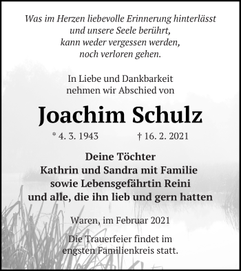 Traueranzeige von Joachim Schulz von Müritz-Zeitung