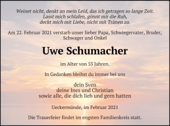 Traueranzeige von Uwe Schumacher von Haff-Zeitung