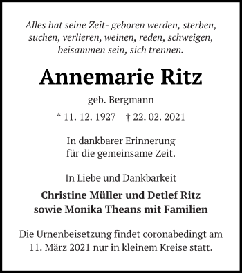 Traueranzeige von Annemarie Ritz von Vorpommern Kurier