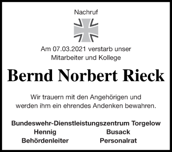 Traueranzeige von Bernd Norbert Rieck von Haff-Zeitung