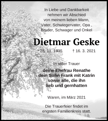 Traueranzeige von Dietmar Geske von Müritz-Zeitung