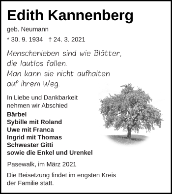 Traueranzeige von Edith Kannenberg von Pasewalker Zeitung