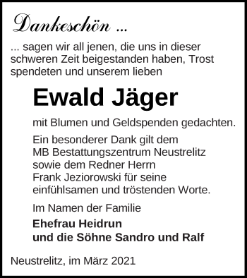 Traueranzeige von Ewald Jäger von Strelitzer Zeitung