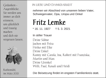 Traueranzeige von Fritz Lemke von Haff-Zeitung