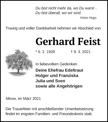 Traueranzeige von Gerhard Feist von Strelitzer Zeitung