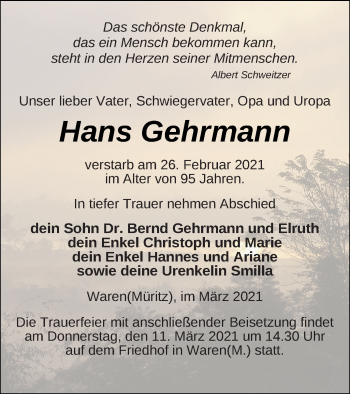 Traueranzeige von Hans Gehrmann von Müritz-Zeitung
