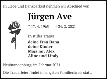 Traueranzeige von Jürgen Ave von Neubrandenburger Zeitung