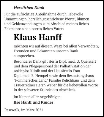 Traueranzeige von Klaus Hanff von Pasewalker Zeitung