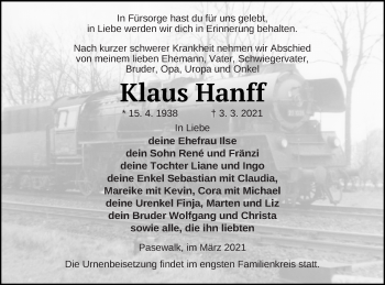 Traueranzeige von Klaus Hanff von Pasewalker Zeitung