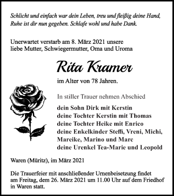 Traueranzeige von Rita Kramer von Müritz-Zeitung