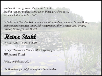 Traueranzeige von heinz Stahl von Müritz-Zeitung