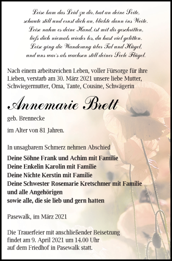 Traueranzeige von Annemarie Brett von Pasewalker Zeitung